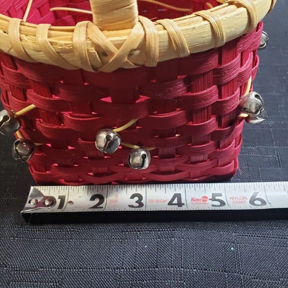 Cute Small Red Wicker Christmas Basket with Bells 5" x 8" tall Holiday Decor - Picture 9 of 11